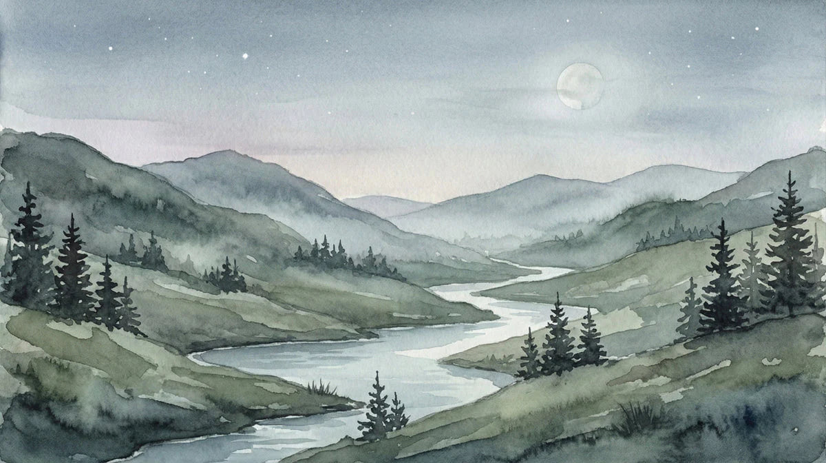 Midnight River Landscape Mural Wallpaper — Watercolor Art Mural Wallpaper - room preview 04