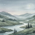 Midnight River Landscape Mural Wallpaper — Watercolor Art Mural Wallpaper - room preview 04