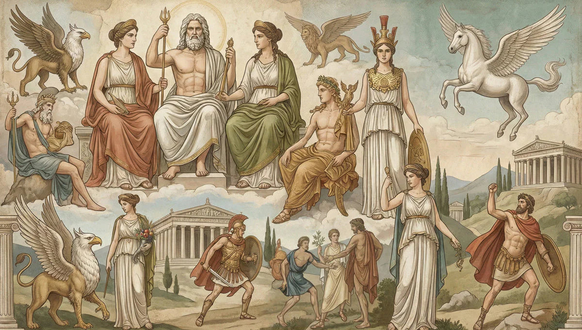 Greek Mythology Mural Wallpaper — Classical Pantheon Illustration Mural Wallpaper - room preview 04