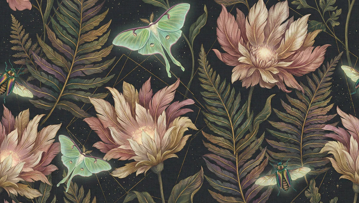 Luna Moth and Botanical Garden Mural Wallpaper — Dark Academia Mural Wallpaper - room preview 04