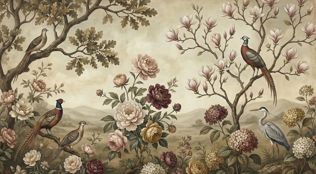 Chinoiserie Garden Mural Wallpaper — Vintage Botanical Scene Mural Wallpaper - room preview 04
