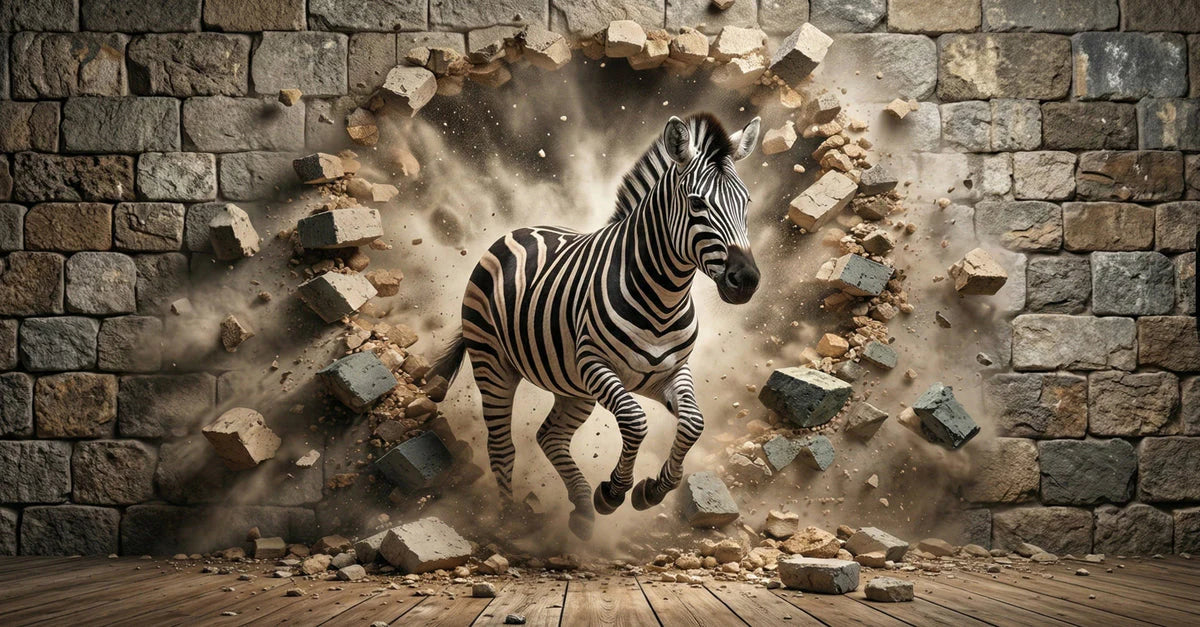 Zebra Breaking Through Brick Wall Mural Wallpaper - room preview 04
