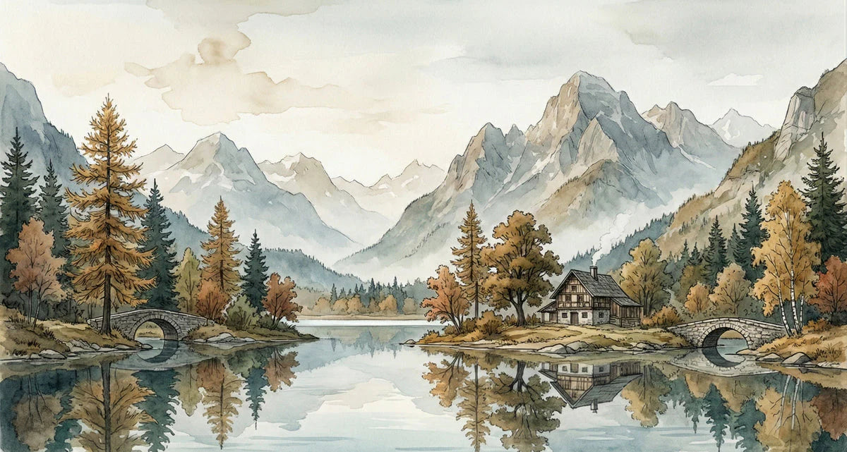 Alpine Lake Watercolor Mural Wallpaper — Scenic Mountain Landscape Mural Wallpaper - room preview 04