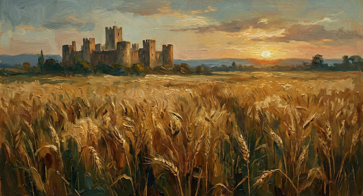 Medieval Castle Wheat Field Mural Wallpaper — Oil Painting Style Mural Wallpaper - room preview 04