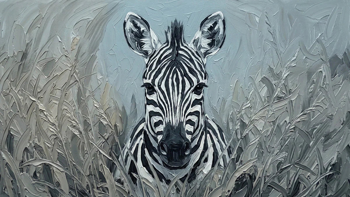 Zebra Portrait Mural Wallpaper in Thick Oil Impasto Texture Mural Wallpaper - room preview 04
