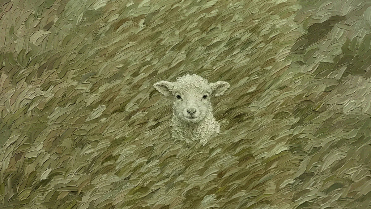 Lamb in Olive Grass Mural Wallpaper — Impasto Oil Painting Style Mural Wallpaper - room preview 04