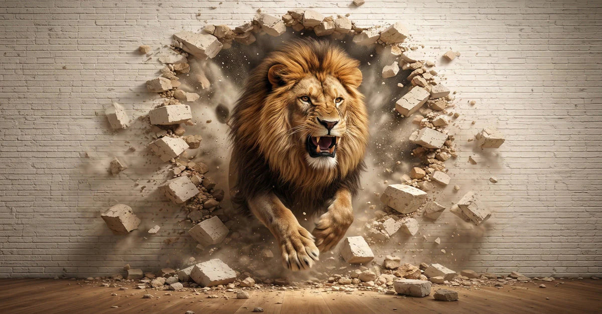Roaring Lion Brick Wall Mural Wallpaper — 3D Effect Design Mural Wallpaper - room preview 04