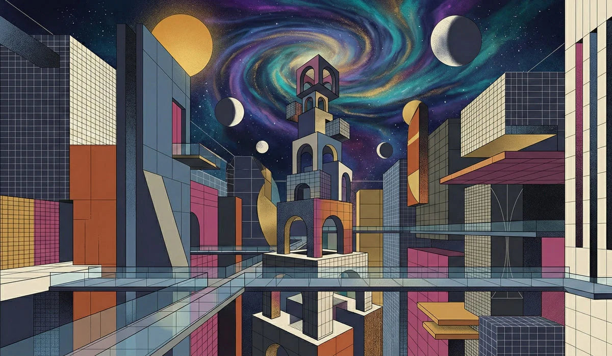 Cosmic Cityscape Mural Wallpaper — Surreal Geometric Design Mural Wallpaper - room preview 04