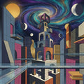 Cosmic Cityscape Mural Wallpaper — Surreal Geometric Design Mural Wallpaper - room preview 04