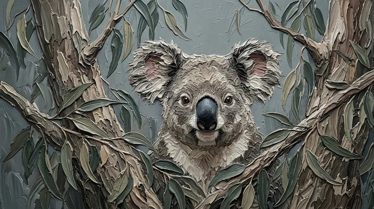 Koala in Eucalyptus Mural Wallpaper — Impasto Oil Style Mural Wallpaper - room preview 04