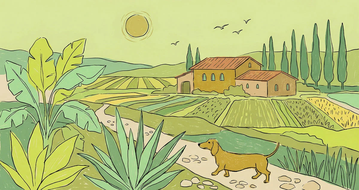 Tuscan Landscape Mural Wallpaper with Dachshund and Fields Mural Wallpaper - room preview 04