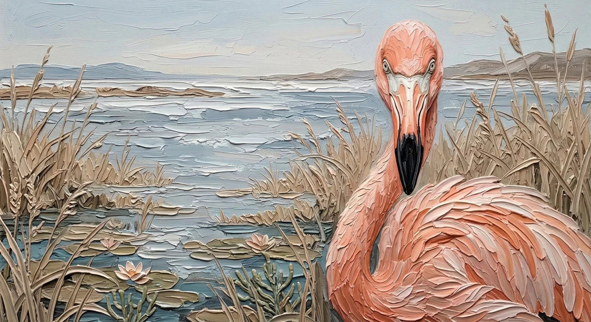 Flamingo Shoreline Oil Painting Mural Wallpaper - room preview 04