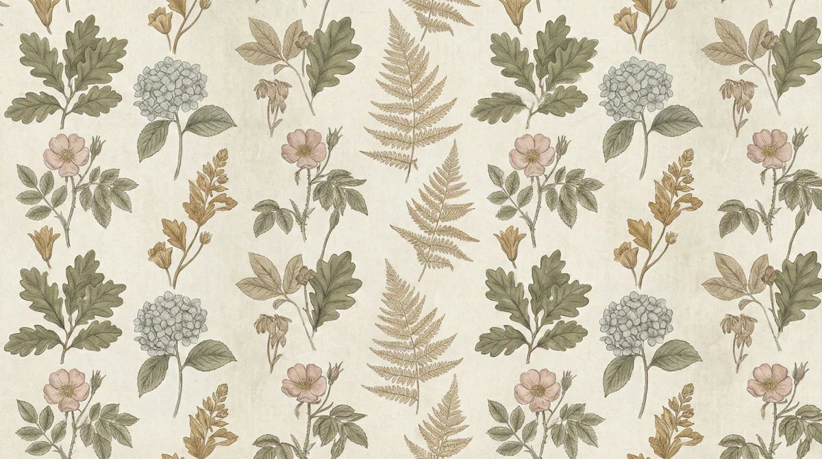 Vintage Botanical Illustration Mural Wallpaper in Muted Earth Tones Mural Wallpaper - room preview 04