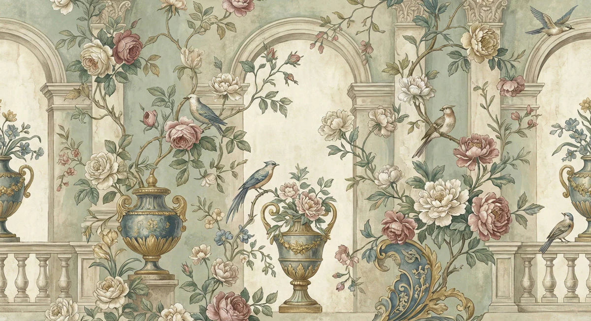 Renaissance Garden Arch Mural Wallpaper with Floral and Bird Motifs Mural Wallpaper - room preview 04