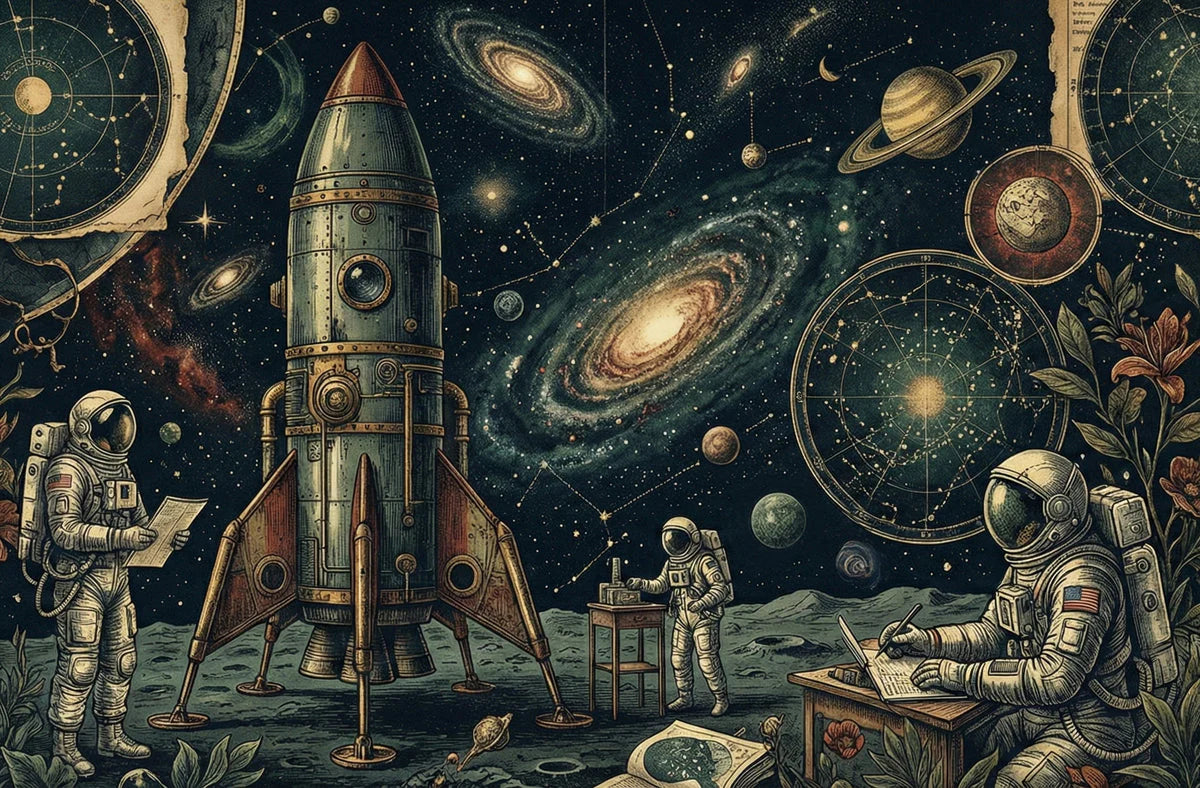Vintage Space Exploration Mural Wallpaper — Cosmic Retro Style Mural Wallpaper - room preview 04