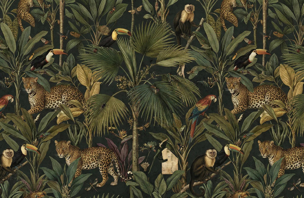 Jungle Expedition Mural Wallpaper —Moody Tropical Botanical Mural Wallpaper - room preview 04