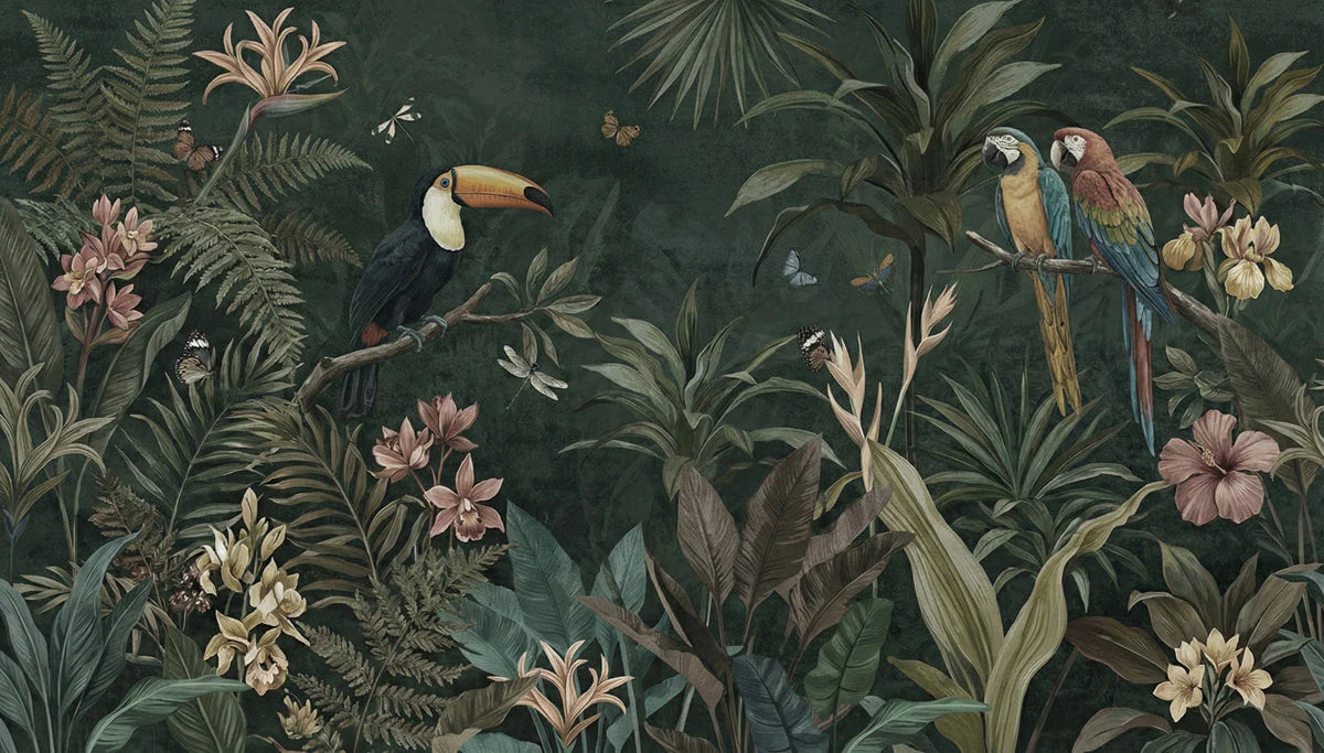 Jungle Paradise Mural Wallpaper in Deep Forest Green Mural Wallpaper - room preview 04