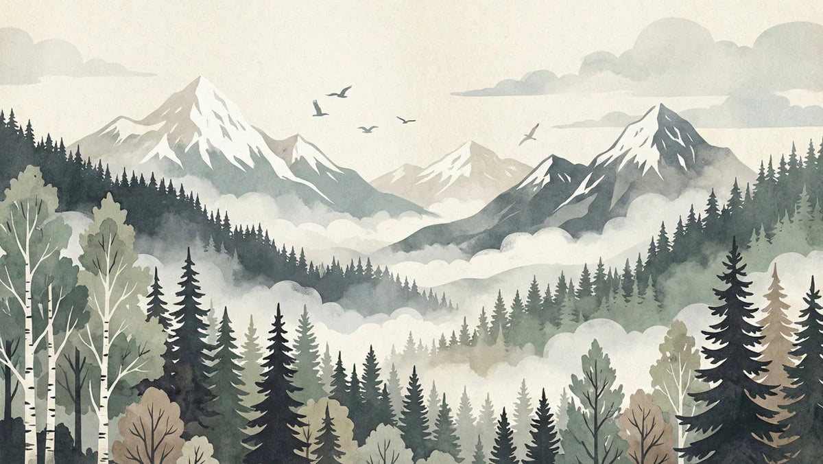 Mist-Covered Alpine Forest Mural Wallpaper — Soft Watercolor Design Mural Wallpaper - room preview 04