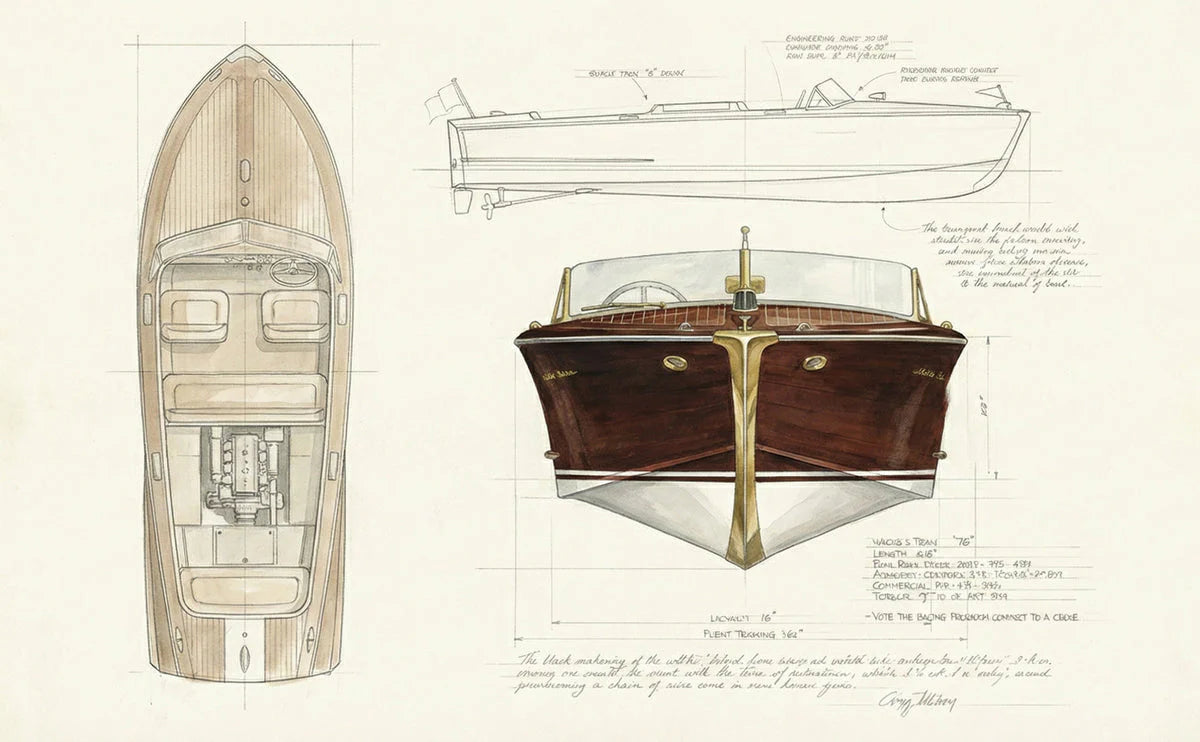 Vintage Boat Blueprint Mural Wallpaper — Nautical Technical Design Mural Wallpaper - room preview 04