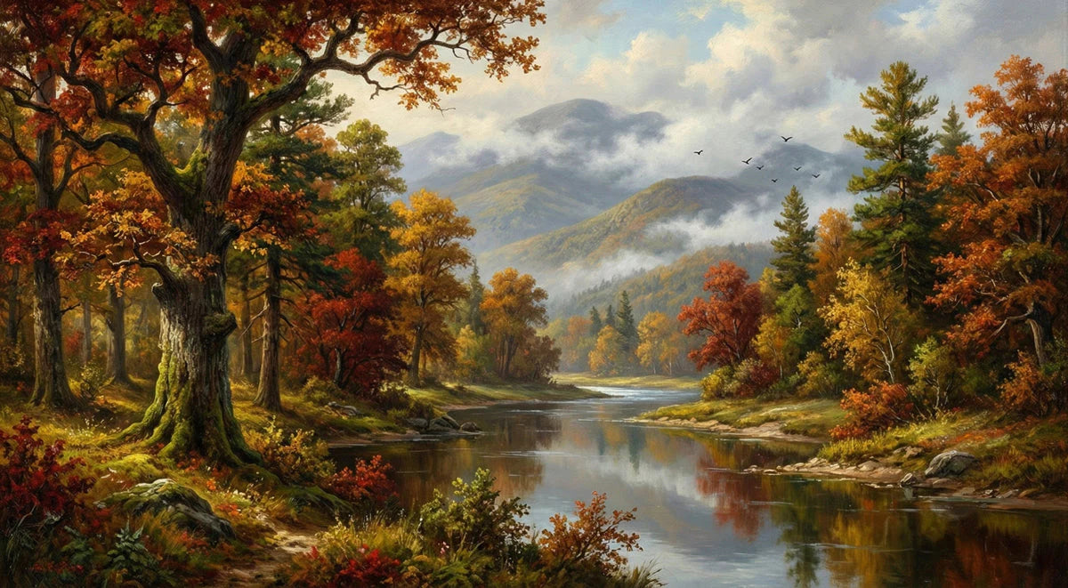 Autumn River Valley Landscape Mural Wallpaper — Impressionistic Scenery Mural Wallpaper - room preview 04