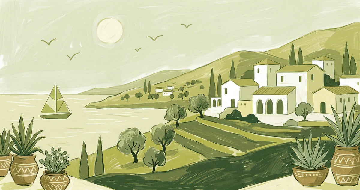 Mediterranean Coastline Mural Wallpaper in Sage and Olive Green Mural Wallpaper - room preview 04