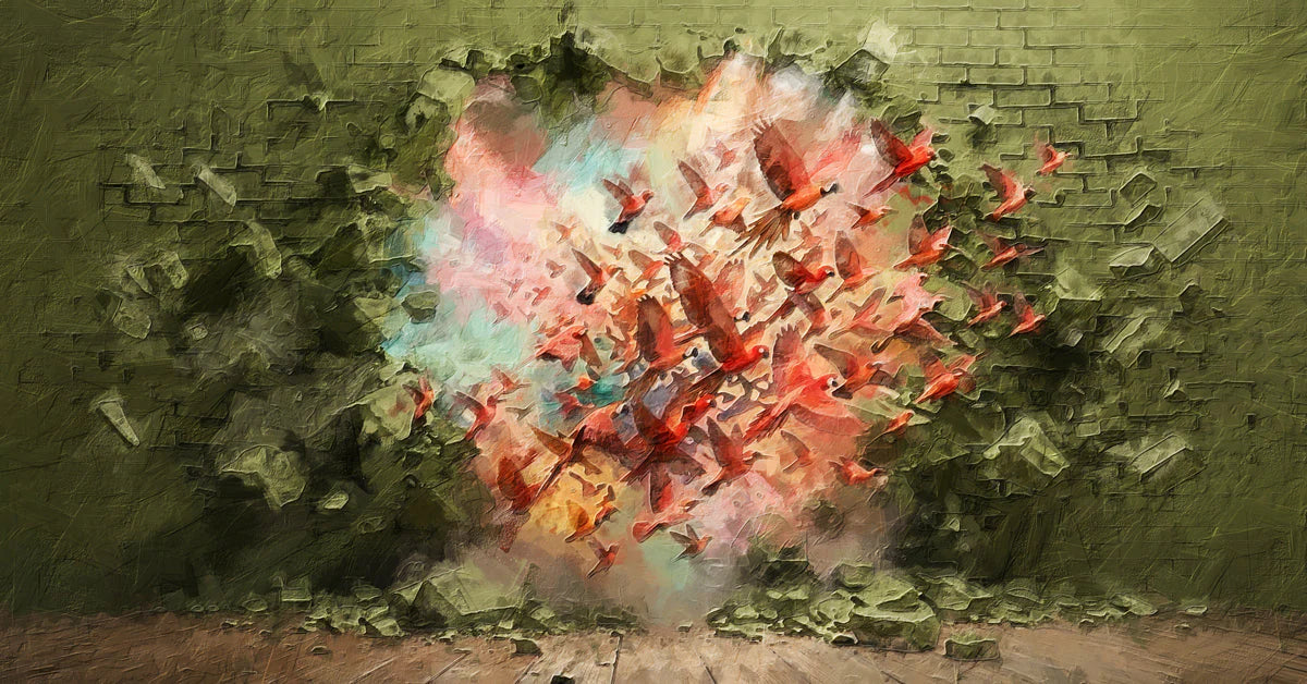 Explosion of Birds Mural Wallpaper — Artistic Brick Texture Mural Wallpaper - room preview 04