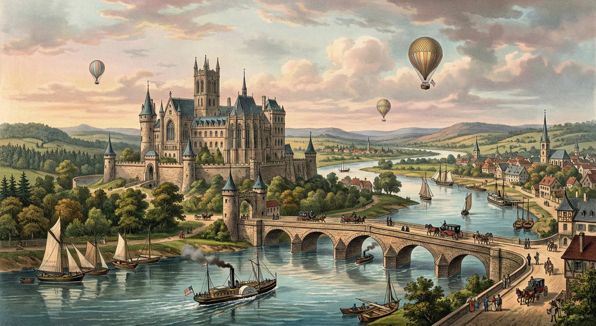 Gothic Castle Landscape Mural Wallpaper with Vintage Airships Mural Wallpaper - room preview 04