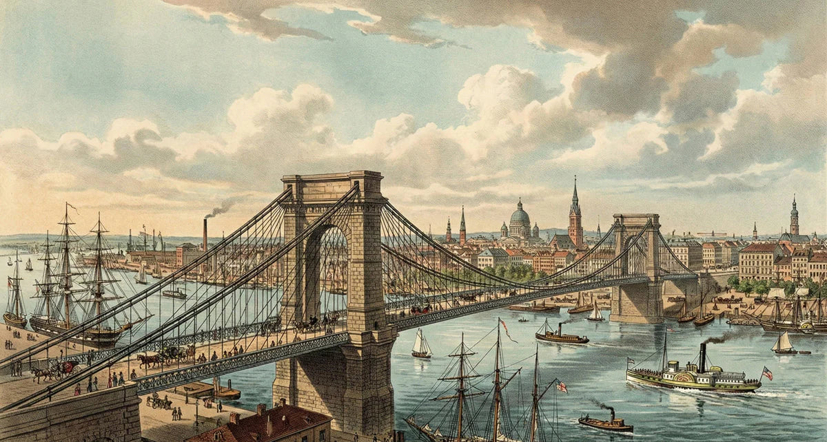 Vintage Suspension Bridge Mural Wallpaper — Historical City Scene Mural Wallpaper - room preview 04