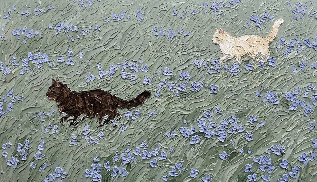 Cats in Meadow Mural Wallpaper — Impressionistic Floral Art Mural Wallpaper - room preview 04