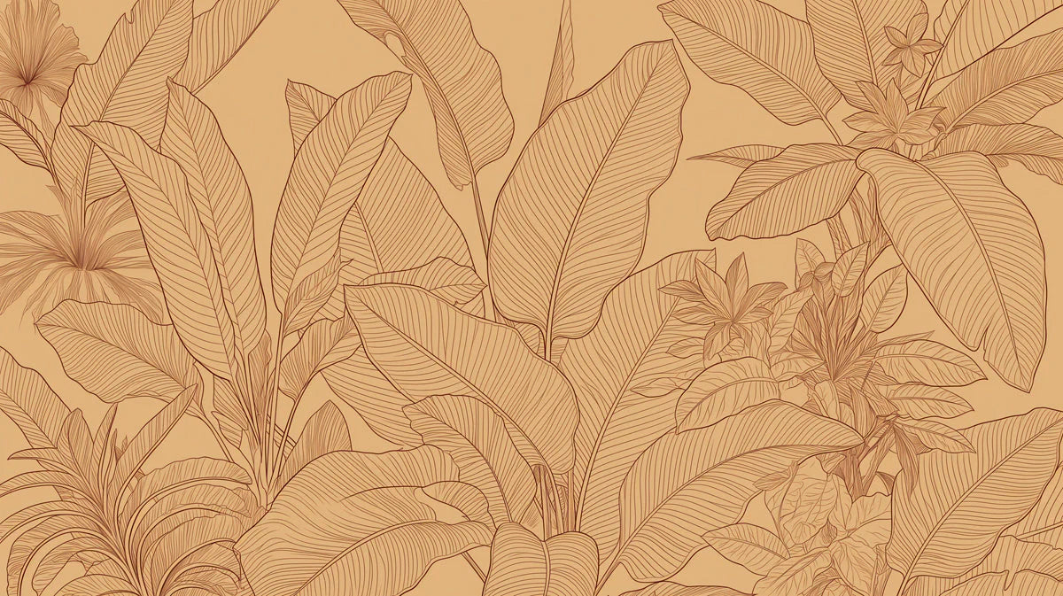 Monochromatic Botanical Line Art Mural Wallpaper — Warm Ochre Mural Wallpaper - room preview 04