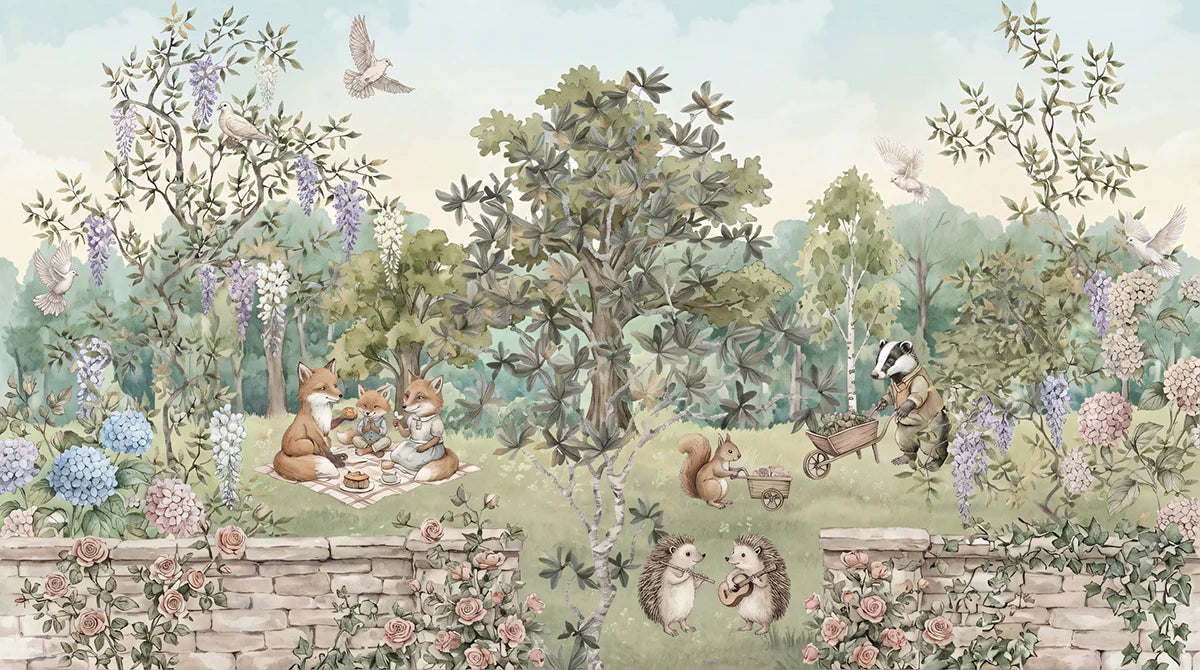 Enchanted Woodland Picnic Mural Wallpaper — Storybook Illustration Mural Wallpaper - room preview 04