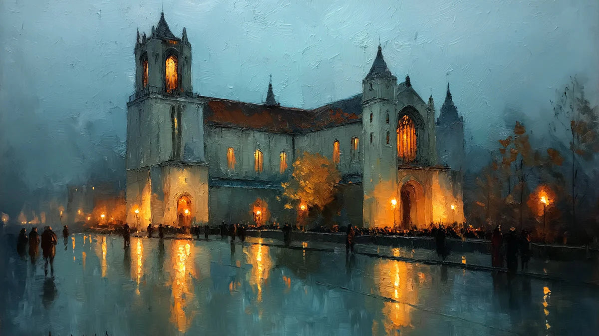 Gothic Cathedral Night Mural Wallpaper — Architectural Oil Painting Mural Wallpaper - room preview 04