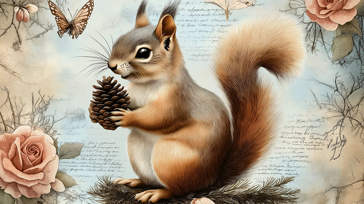 Vintage Squirrel and Rose Botanical Mural Wallpaper - room preview 04