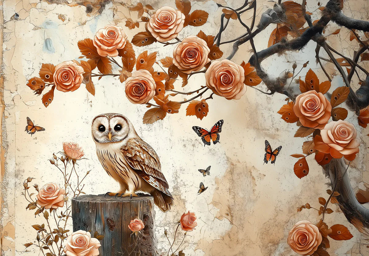 Vintage Owl and Rose Garden Mural Wallpaper - room preview 04