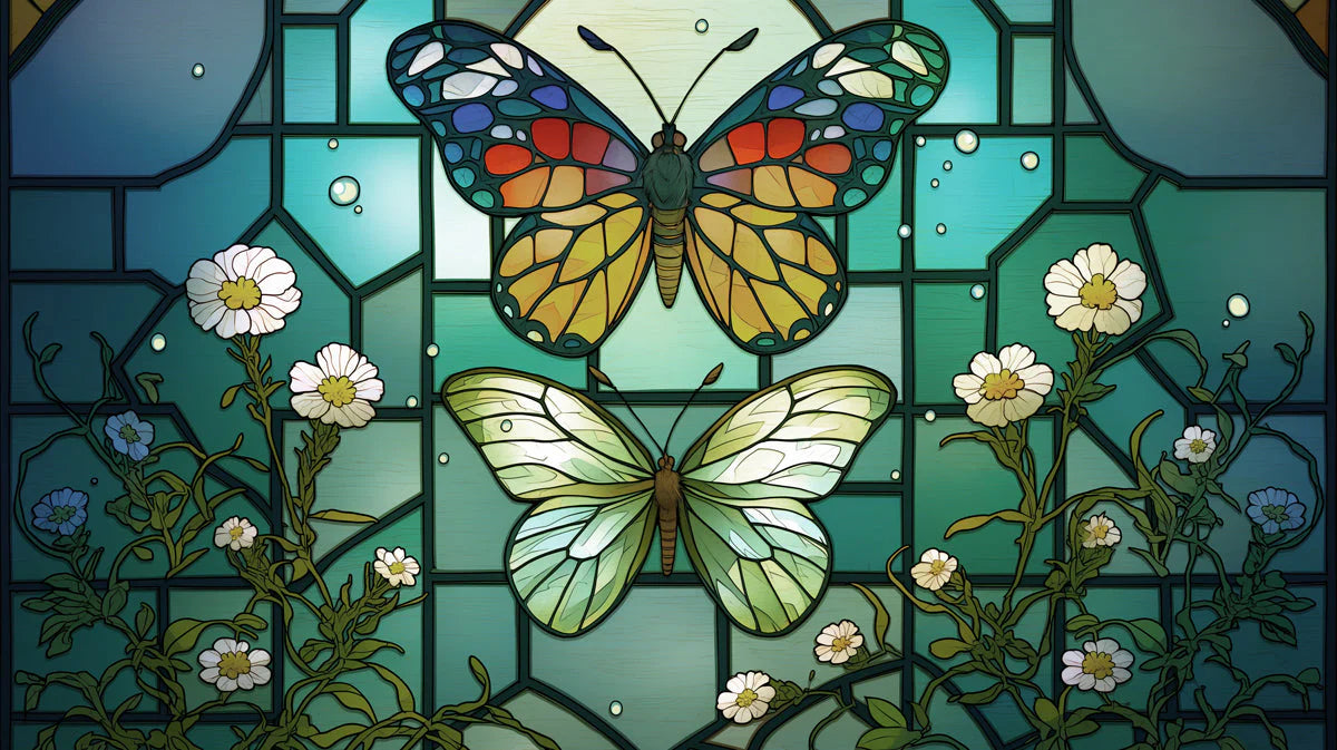 Stained Glass Butterfly Mural Wallpaper — Vibrant Botanical Art Mural Wallpaper - room preview 04