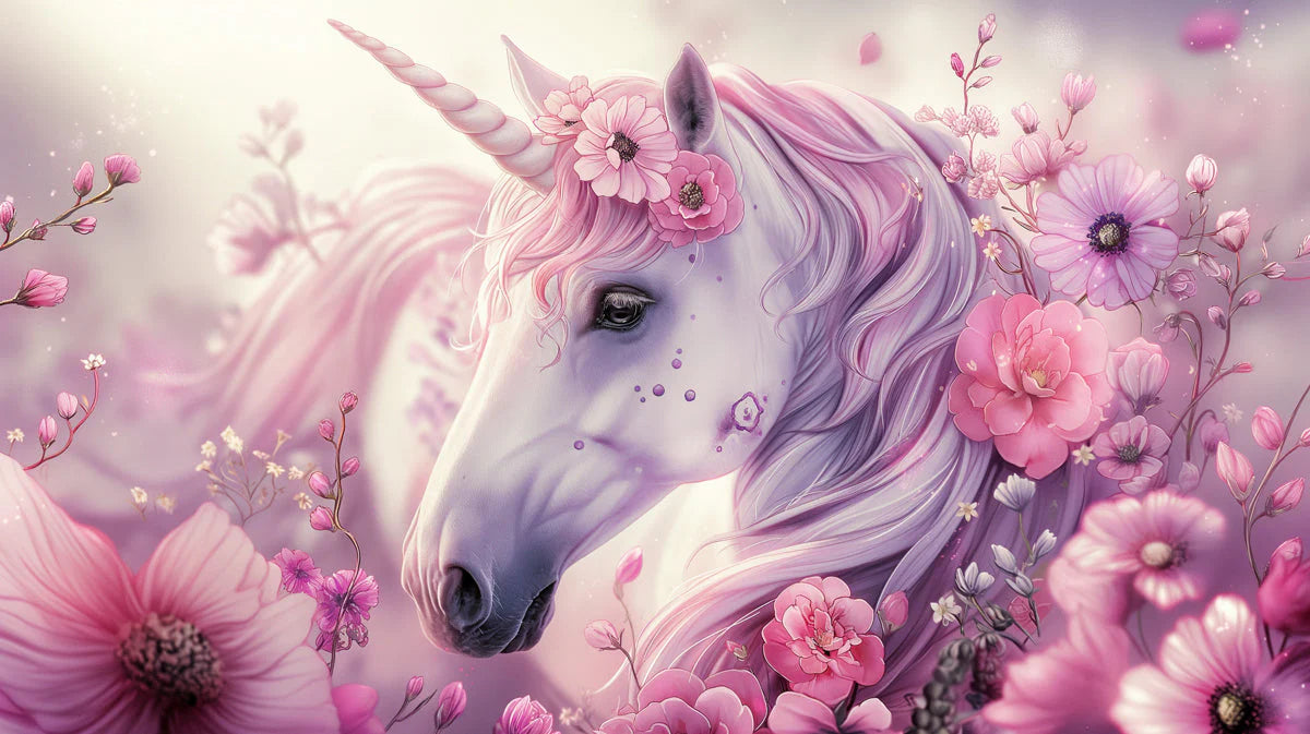 Unicorn and Blossoms Mural Wallpaper — Whimsical Floral Fantasy Mural Wallpaper - room preview 04