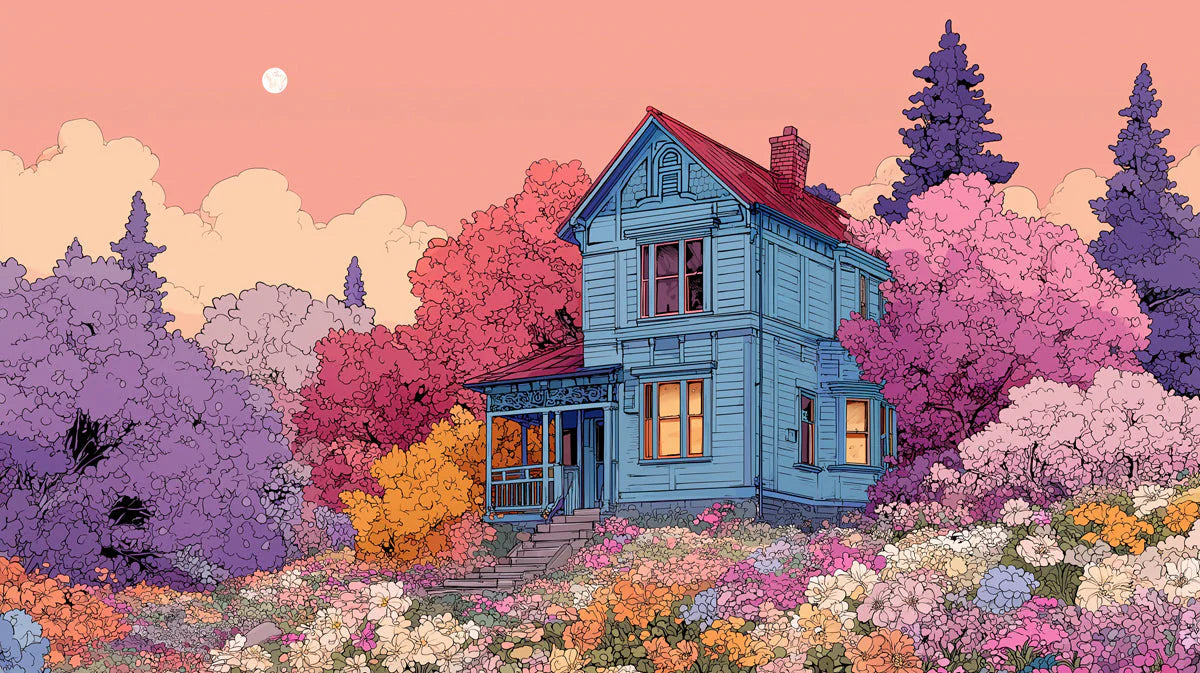 Victorian Cottage Mural Wallpaper — Whimsical Dreamscape Illustration Mural Wallpaper - room preview 04