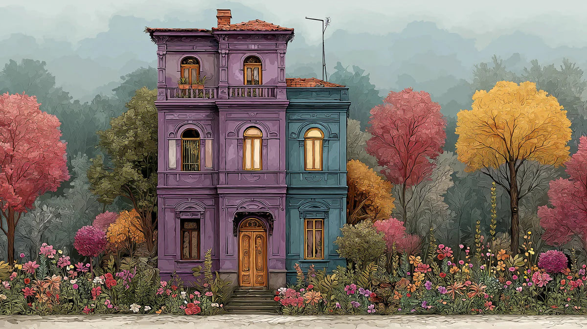 Townhouse Garden Mural Wallpaper —Whimsical Architectural Scene Mural Wallpaper - room preview 04