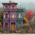 Townhouse Garden Mural Wallpaper —Whimsical Architectural Scene Mural Wallpaper - room preview 04