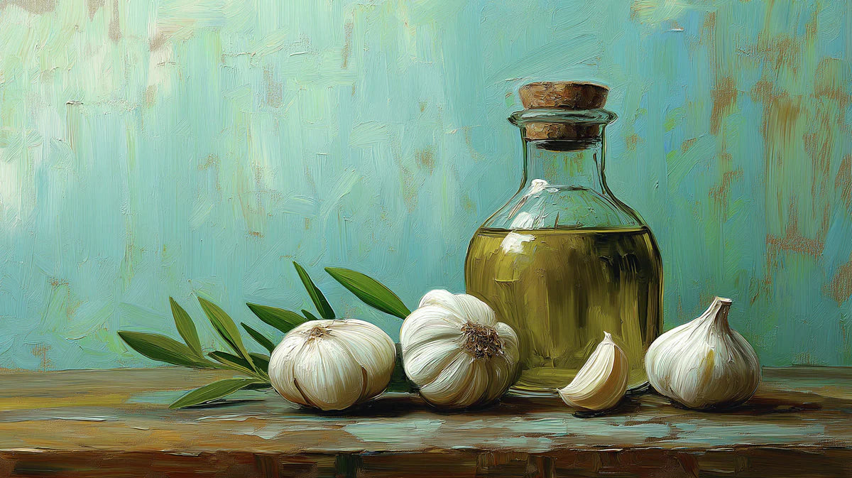 Rustic Olive Oil & Garlic Still Life Mural Wallpaper - room preview 04