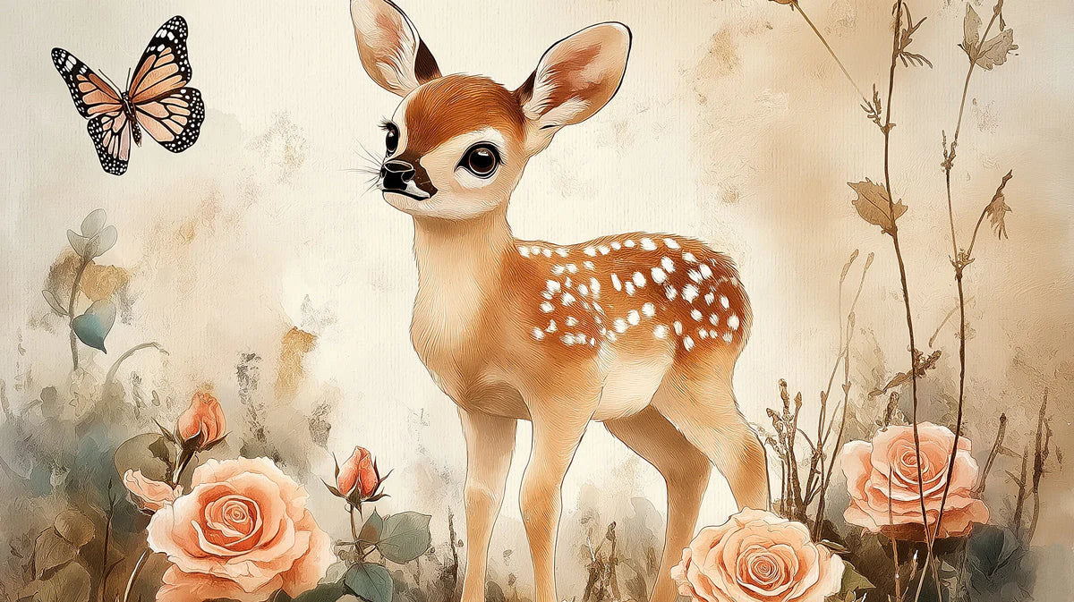 Fawn and Rose Garden Mural Wallpaper — Whimsical Nature Scene Mural Wallpaper - room preview 04