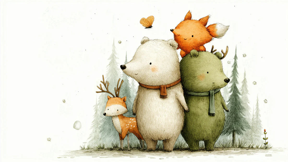 Forest Friends Whimsical Mural Wallpaper — Soft Woodland Illustration Mural Wallpaper - room preview 04