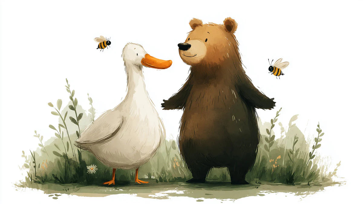 Bear and Duck Storybook Mural Wallpaper — Whimsical Kids Illustration Mural Wallpaper - room preview 04
