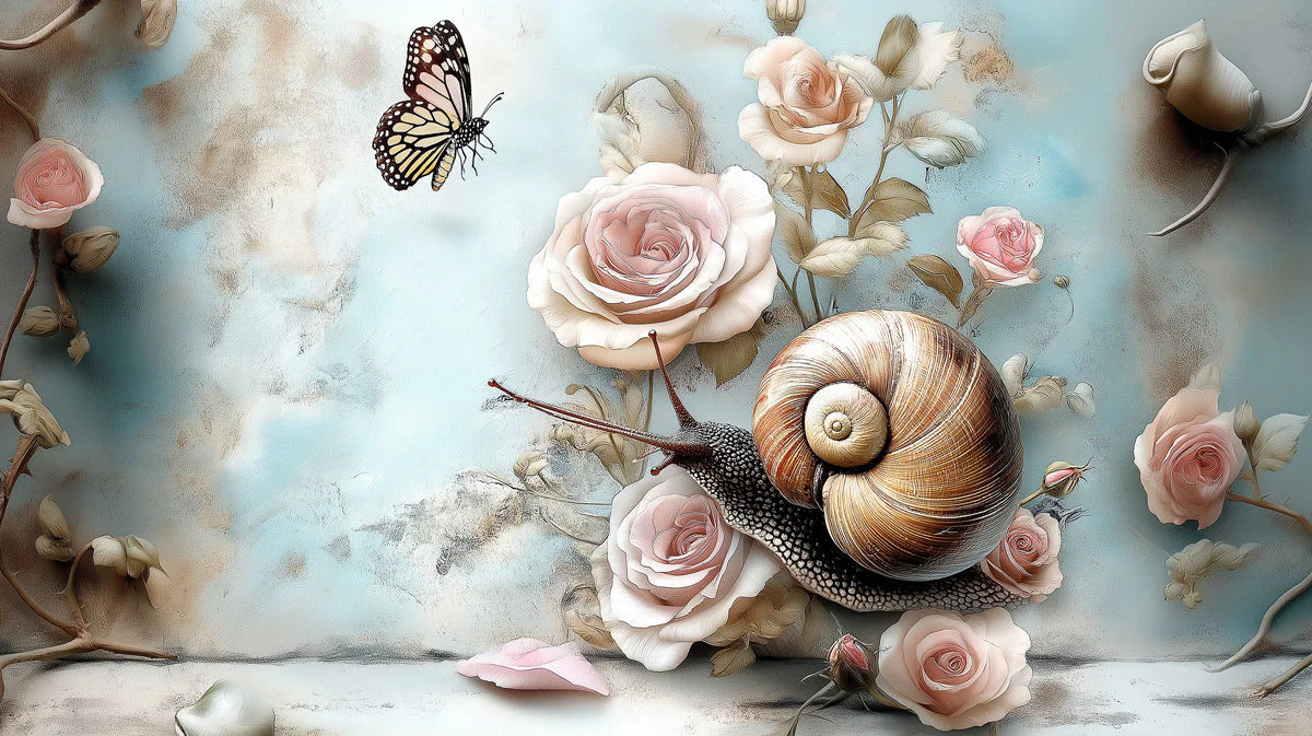 Snail and Rose Garden Mural Wallpaper — Whimsical Soft Aesthetic Mural Wallpaper - room preview 04