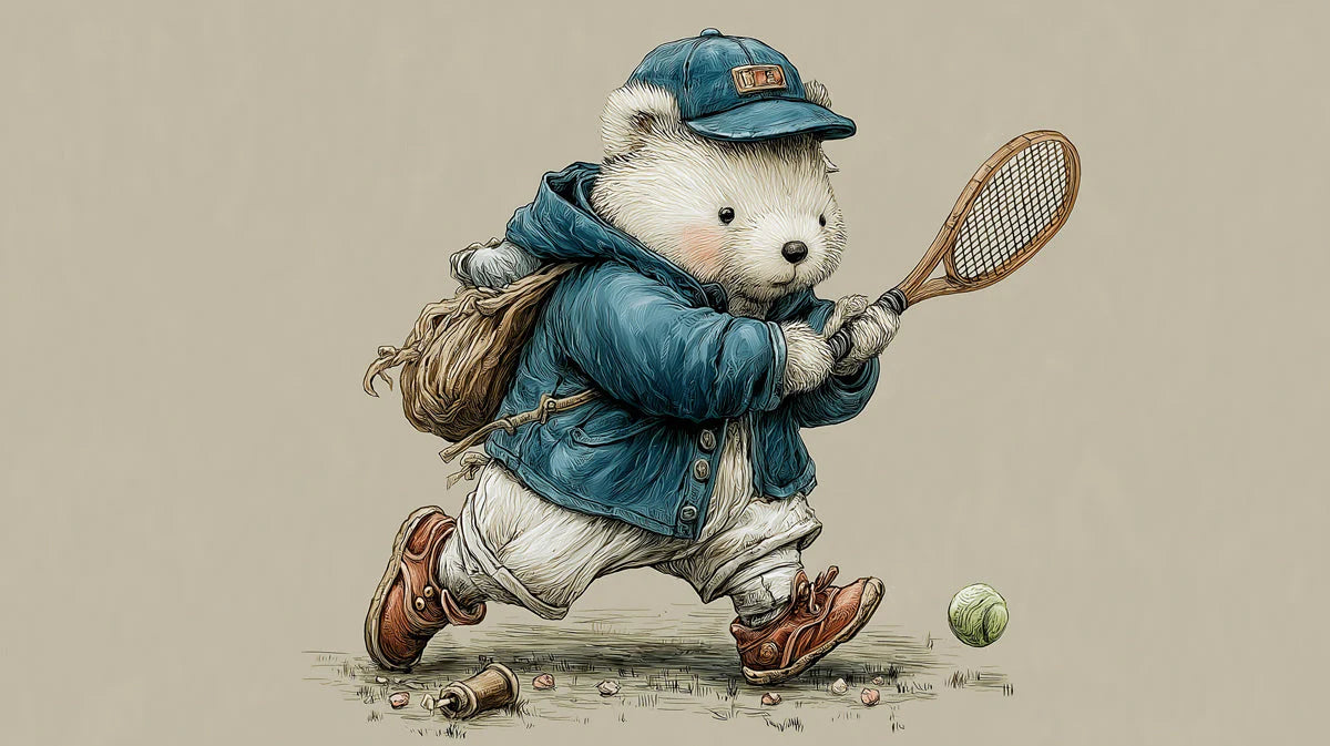 Tennis Playing Bear Mural Wallpaper — Whimsical Childhood Illustration Mural Wallpaper - room preview 04