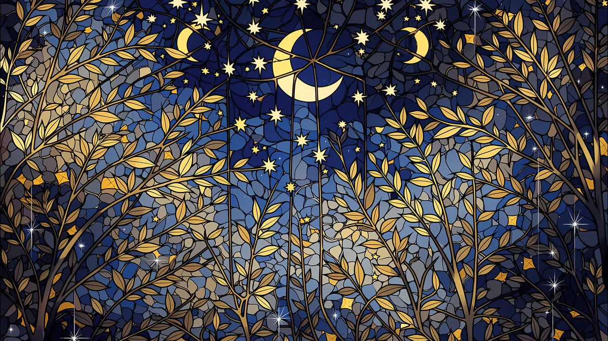 Stained Glass Night Forest Mural Wallpaper — Cosmic Botanical Mural Wallpaper - room preview 04