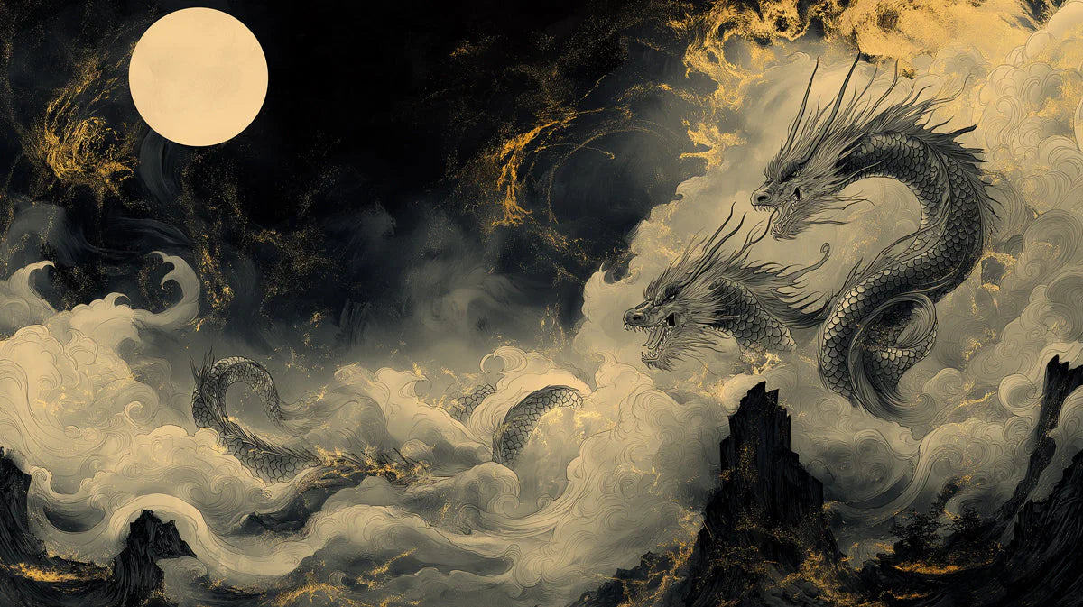 Celestial Dragon Cloud Mural Wallpaper — Gold and Charcoal Decor Mural Wallpaper - room preview 04