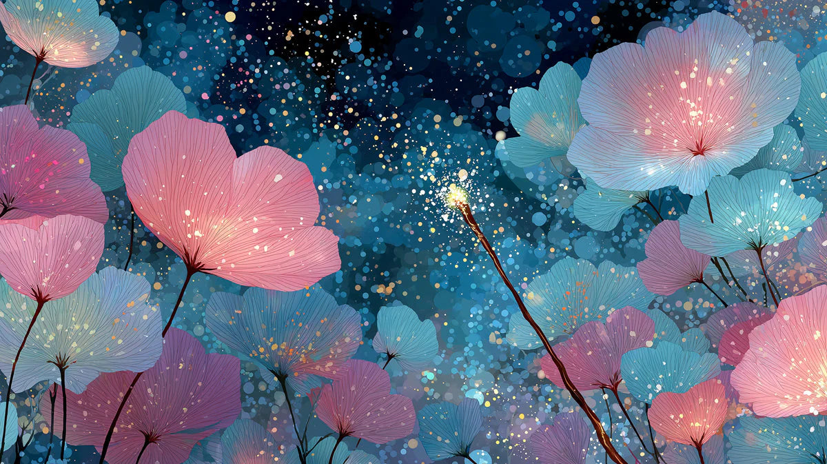 Cosmic Floral Fantasy Mural Wallpaper — Whimsical Night Garden Mural Wallpaper - room preview 04