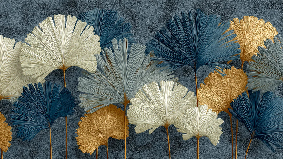 Ginkgo Leaf Plaster Mural Wallpaper — Navy and Gold Botanical Mural Wallpaper - room preview 04