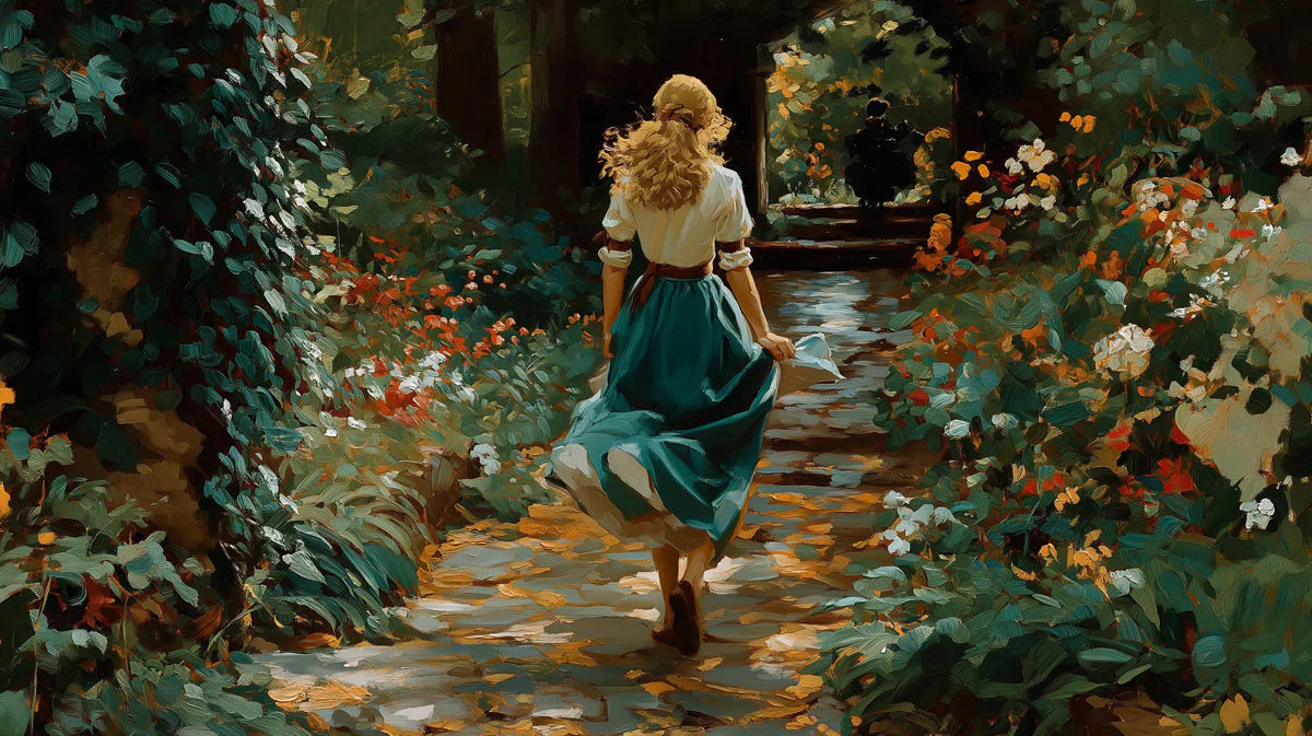 Garden Stroll Oil Painting Mural Wallpaper in Teal and Ochre Mural Wallpaper - room preview 04
